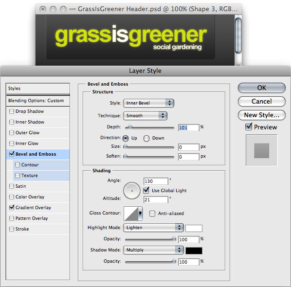 Bevel & Emboss settings with preview