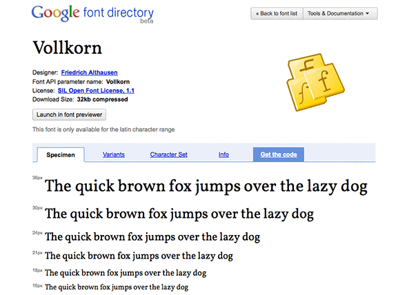 The Google Font Directory font detail page
