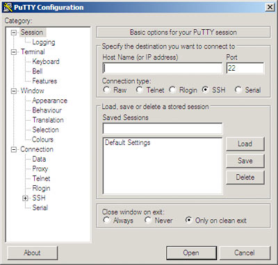 PuTTY configuration dialog