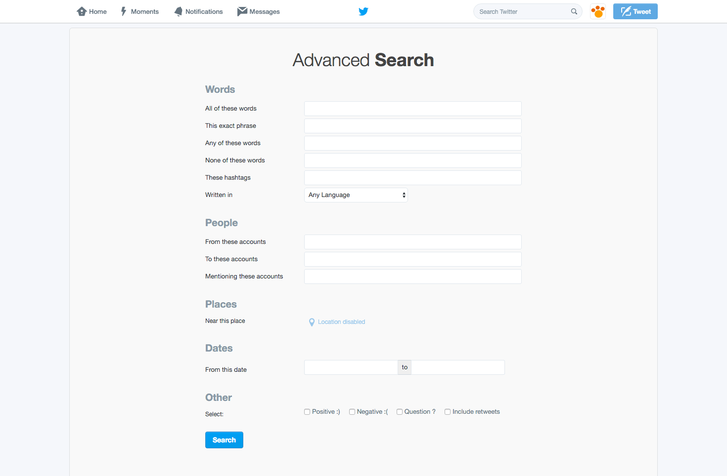 Twitter Advanced Search form