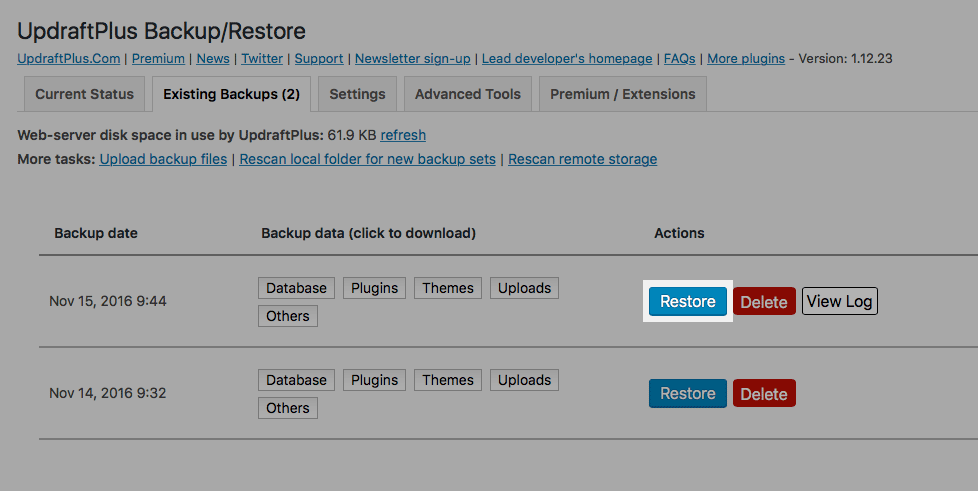 UpdraftPlus: Click appropriate Restore button