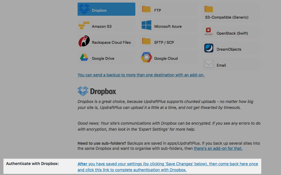 UpdraftPlus: Dropbox authenticate link