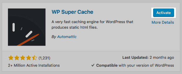 WordPress screenshot: Activating WP Super Cache plugin